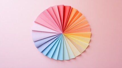Pastel color samples pallet on light background. Designer's color fan with various hues in a circular array. Paper color swatches in a circular fan, ideal for design color palette