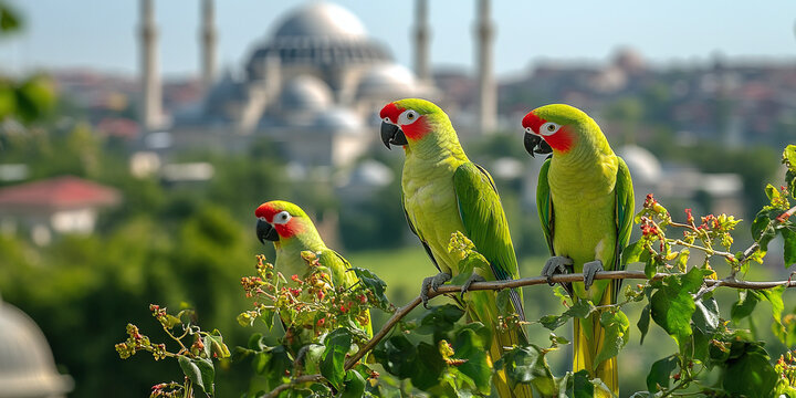  A group of green parrots perched on a branch, with vibrant plumage, set against a blurred cityscape featuring domes and towers in the background.