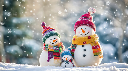 Fototapeta premium Frosty Winter Magic Snowmen in Festive Outfits Await Your Caption