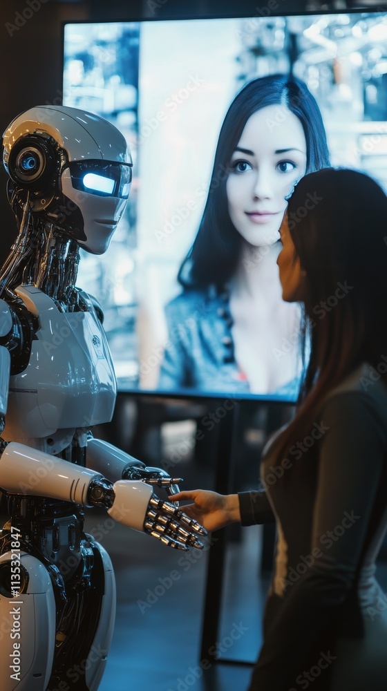 Poster a professional woman interacts with a humanoid robot in a modern, high-tech setting. behind them, a 