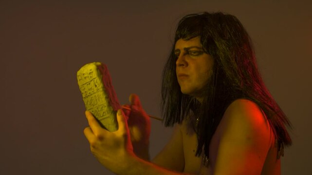 An ancient Egyptian man holds an Egyptian antiquity cuneiform clay tablet in his hands and writes ancient writings
