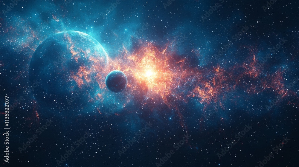 Canvas Prints a vibrant cosmic setting featuring three planets and a sun.