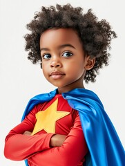 A cute 5 year old african american child, wearing a superhero costume, all red, with a yellow star on the chest, and blue cape