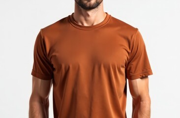 Obraz premium man in a color mocha mousse T-shirt, on a white background, view of the torso