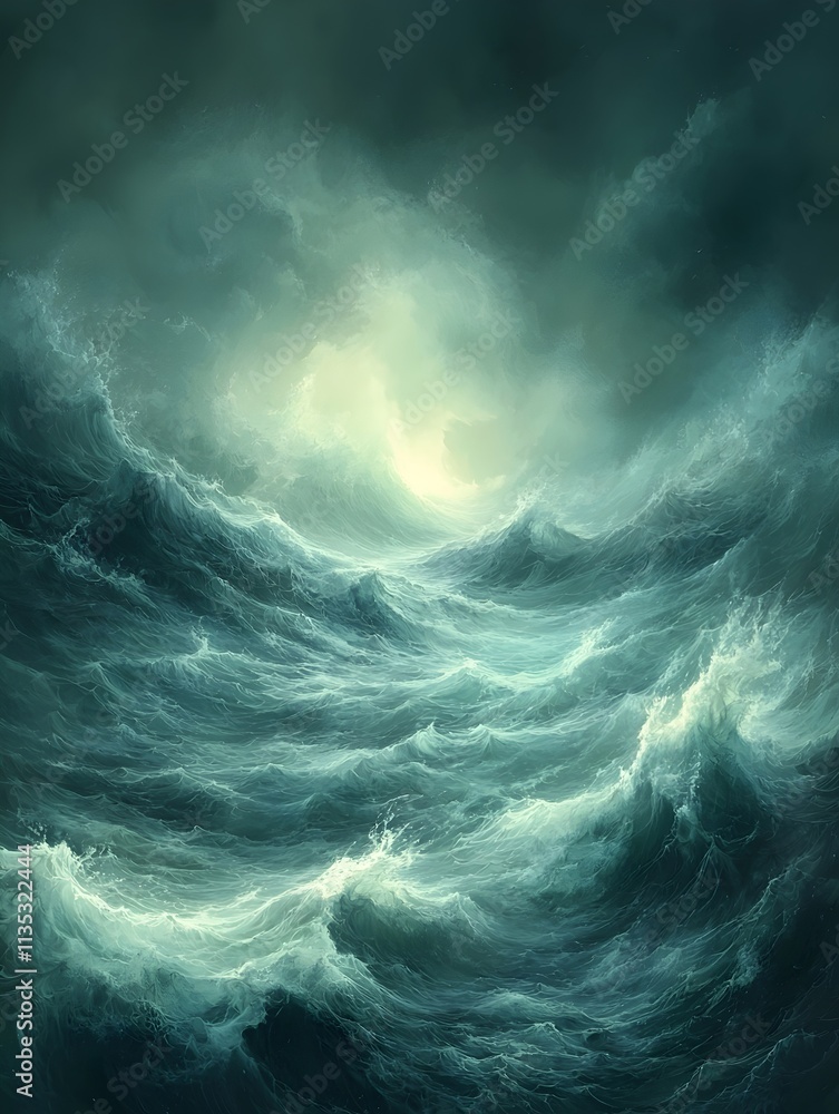 Aufkleber a dynamic depiction of turbulent ocean waves in shades of turquoise and deep blue, illuminated by a 