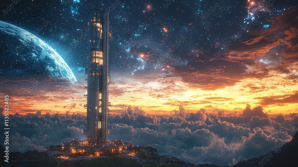 Poster a concept of a space elevator extending into the stars, representing cutting-edge progress in space 