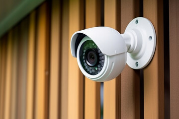 Wall-mounted surveillance camera monitoring the residential gate area
