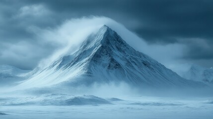 A majestic snow-covered mountain peak shrouded in mist under a dramatic sky.