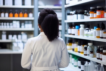 Woman in a pharmaceutical laboratory working on medication near shelves of drugs and supplies.