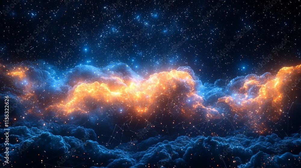 Poster a vista of the distant universe, showcasing a luminous network of stars and far-off galaxies, emphas