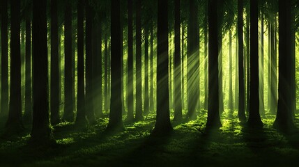 Obraz premium The sun illuminates the green grass-filled forest with tall, slender trees