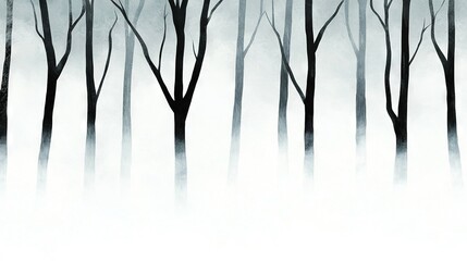   A monochromatic depiction of trees shrouded in fog, as seen in this black and white photograph