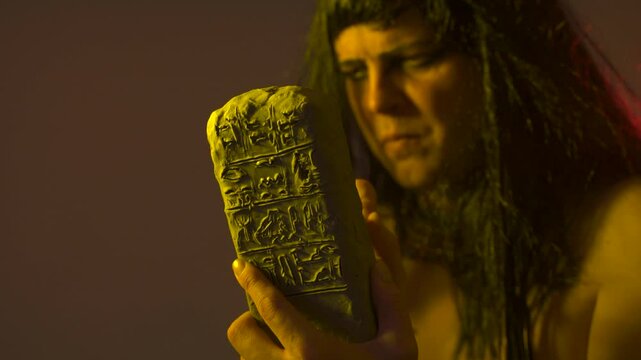 An ancient Egyptian man holds an Egyptian antiquity cuneiform clay tablet in his hands and writes ancient writings
