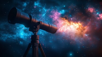 A classic telescope aimed at a colorful nebula in the universe.