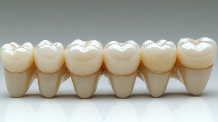 A row of dental crowns showcasing their design and finish for dental restoration.