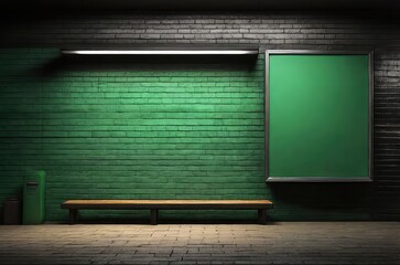 empty green poster frame on a black brick wall, copy space
