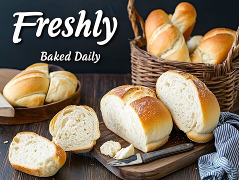 Freshly baked daily artisan bread display cozy bakery food photography warm atmosphere close-up view