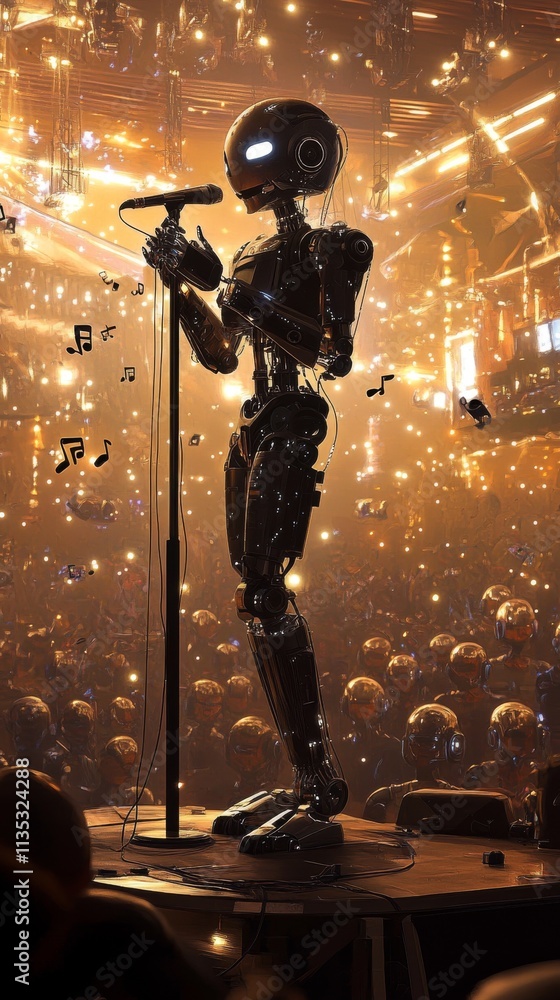 Poster a sleek humanoid robot sings passionately on stage surrounded by shimmering golden lights and a capt