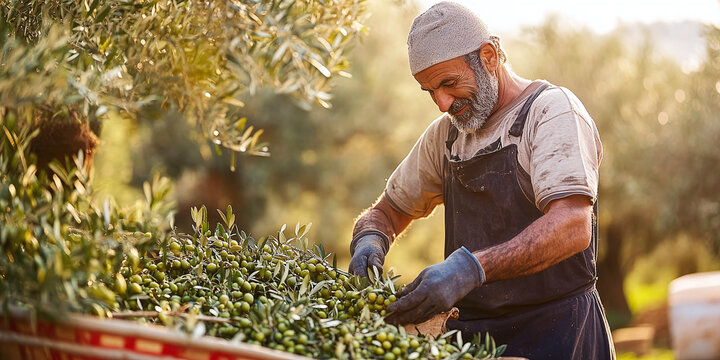 Farmer in a rustic outfit harvesting olives in a lush olive grove during golden hour, capturing an authentic agricultural scene.