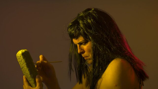 An ancient Egyptian man holds an Egyptian antiquity cuneiform clay tablet in his hands with ancient writings