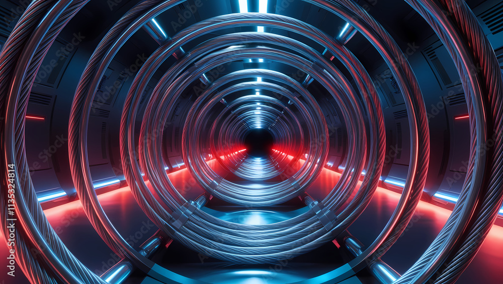 Poster abstract neon tunnel: red and blue neon lights illuminate a futuristic, circular tunnel, creating a 