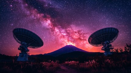 **Astronomical Marvel: Three radio telescopes rise gracefully beneath a stunning twilight sky, with a grand mountain outlined in the backdrop.**