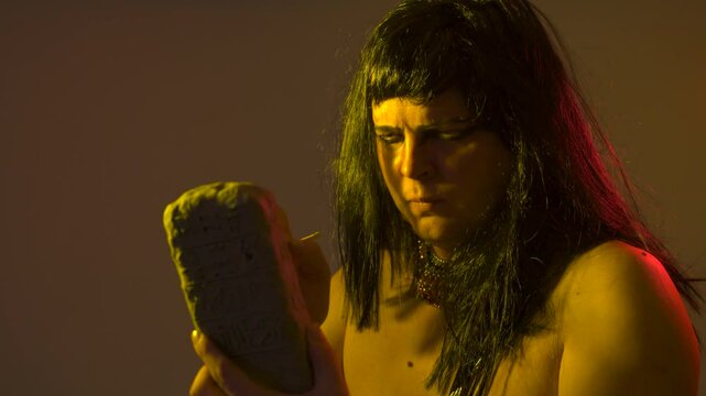 An ancient Egyptian man holds an Egyptian antiquity cuneiform clay tablet in his hands and writes ancient writings