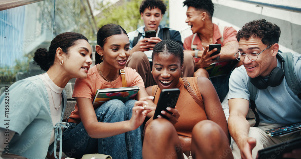 Aufkleber students, people and tech on stairs at university, wow and share meme with diversity in low angle at