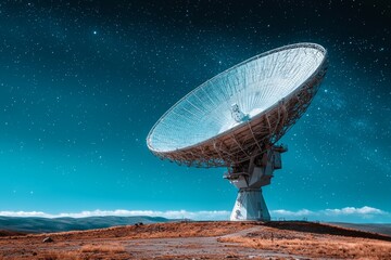A Very Large Array radio telescope, its white dish contrasting with the deep blue sky, points towards space in a horizontal orientation, showcasing space technology.