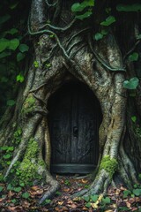 Obraz premium Ancient tree roots frame dark door, hidden entrance.