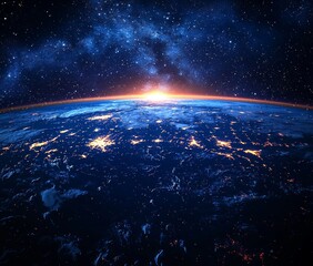 Obraz premium The Earth, known as the Blue Planet, shows a sunrise over a cloudy ocean from space.