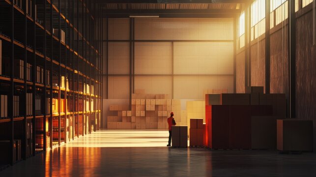 Warehouse worker in a cinematic shot of a modern warehouse with boxes in racks