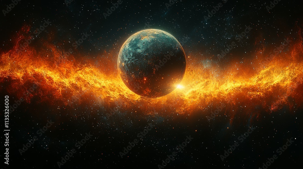 Poster a detailed close-up rendering of the 3d saturn planet is featured in the illustration, suitable for 