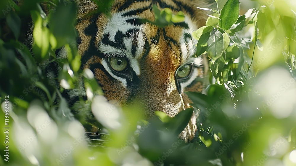 Poster a close-up image of a tiger's face emerging from a tree in a zoo enclosure