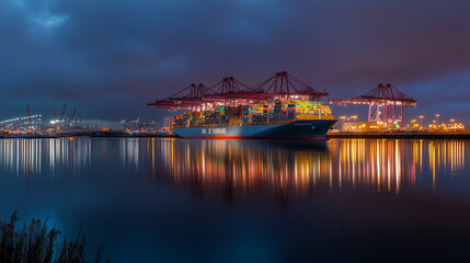 Container Ships and Cargo Port at Night with Reflections of Lights on Calm Water


