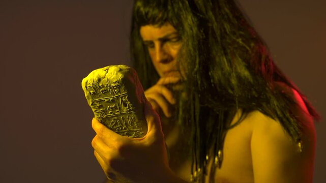 An ancient Egyptian man holds an Egyptian antiquity cuneiform clay tablet in his hands with ancient writings