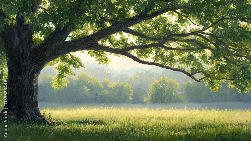 Poster a magnificent tree dominates the center of a tranquil field, framed by hazy trees in the distance, a