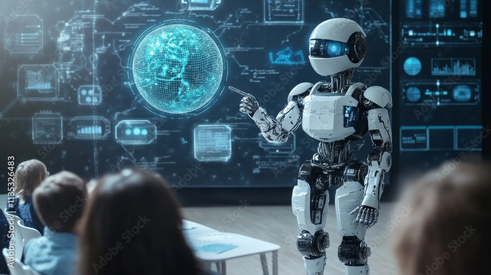 Poster a white humanoid robot engages a classroom of students, showcasing a glowing holographic globe and f