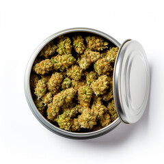 A sealed container of cannabis for medicinal use, following the legalization of cannabis.