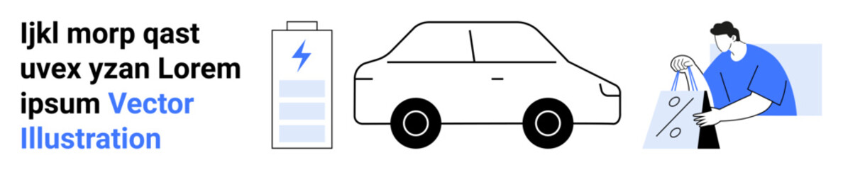 Battery, car, person with reusable bag, text. Ideal for electric vehicles, eco-friendly, sustainability, renewable energy clean transportation recycling green lifestyle. Landing page