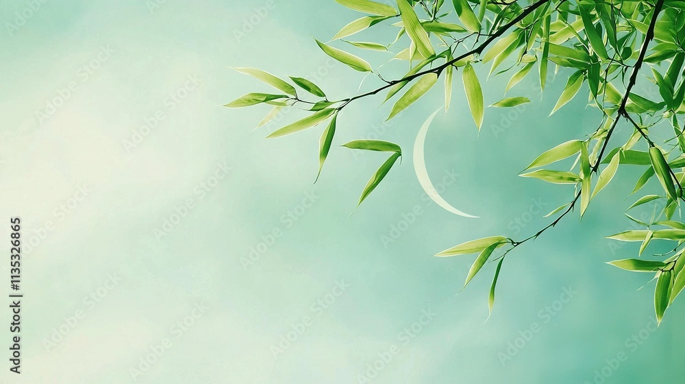 Poster a close-up of a tree branch with a half moon in the background and green leaves in the foreground