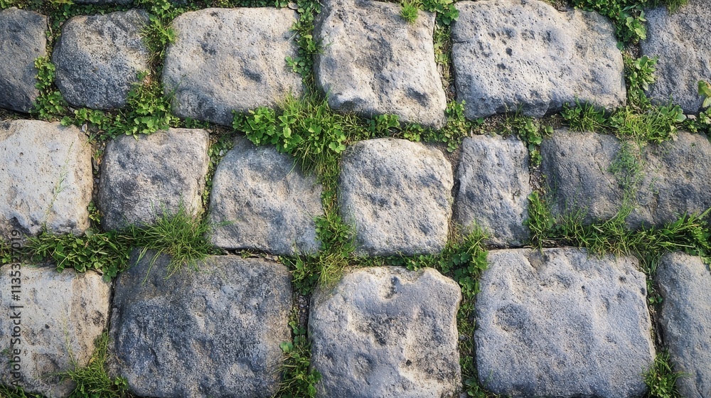 Poster overhead perspective of a cobblestone path featuring irregularly shaped stones and vibrant green gra
