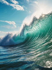A photorealistic close-up of a mighty ocean wave curling mid-motion, with sunlight shining through the emerald water. A dynamic and powerful seascape. Generative AI