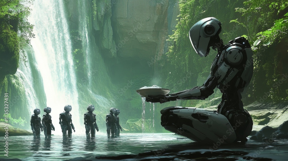 Poster sleek humanoid robot kneeling with ai companions in a forest stream. a powerful image of advanced te