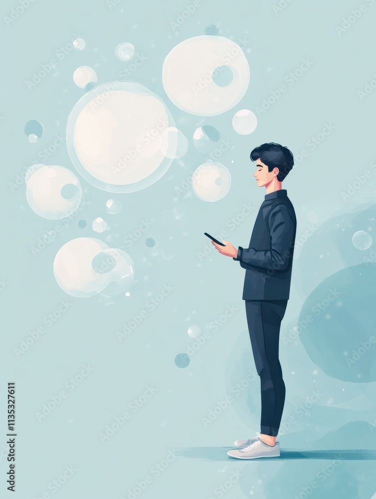 Poster a man standing while holding smartphone with bubble, call and sends message via sms chat with intern
