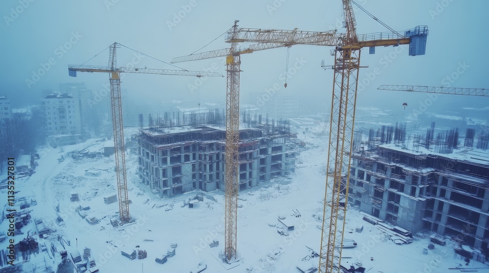 Aufkleber aerial view of a snow-covered construction site featuring multiple yellow tower cranes and partially
