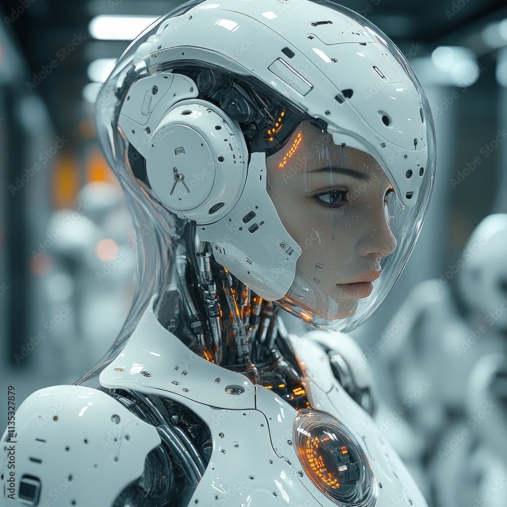 Poster a futuristic humanoid robot with a transparent exterior and intricate internal components.