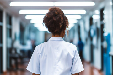 African-American female doctor walking through the clinic, dressed in scrubs.