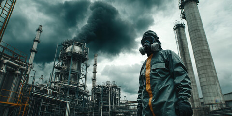 A worker dressed in protective clothing and a gas mask stands amidst an industrial site. Dark clouds loom overhead, and smoke billows from towering structures in the background.