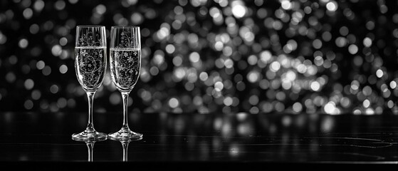 two champagne glasses with a sparking bokeh backdrop of black and silver, celebration, New Year